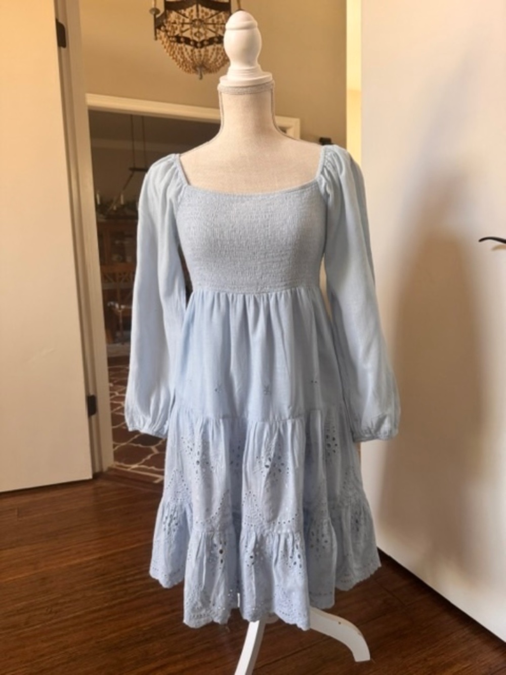 Area Stars Eyelet Trim Light Blue Long Sleeve Square Neck Dress Size Small